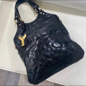 Y S L croc embossed leather shoulder bag